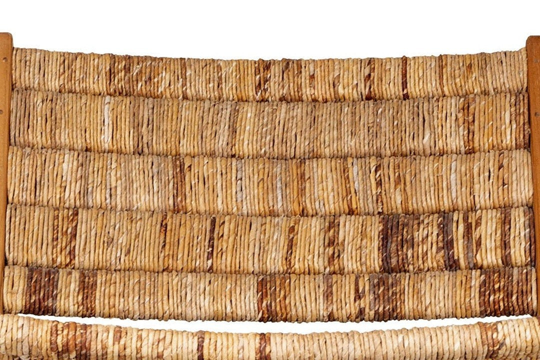 Close-up of the Varigotti back: wrapped abaca rolls in honey, tan and chocolate tones between the teak posts