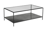 Vaughn glass and black iron coffee table, three-quarter view