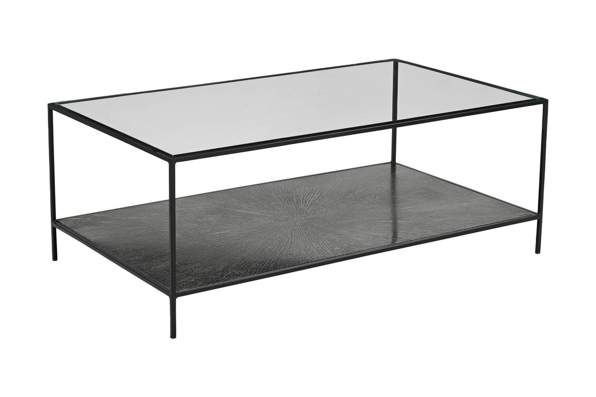 Vaughn glass and black iron coffee table, three-quarter view