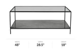 Vaughn glass and black iron coffee table, front view
