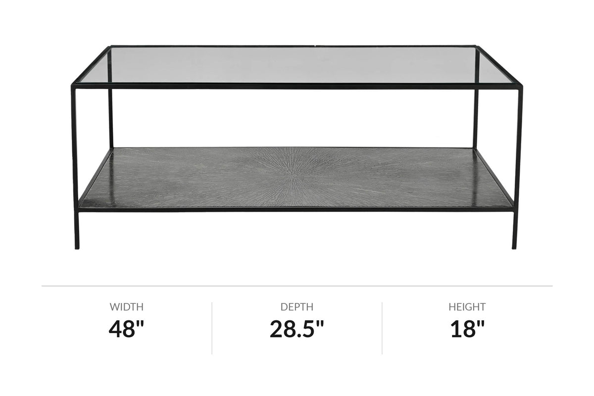 Vaughn glass and black iron coffee table, front view