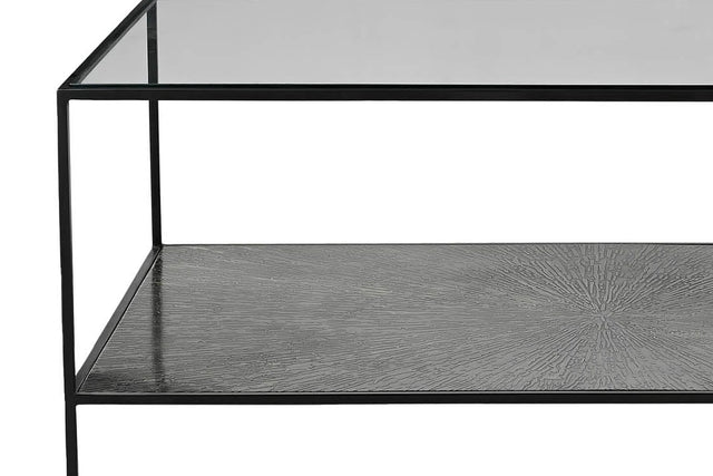 Vaughn Glass and Black Iron Coffee Table - Slim Black Iron Frame