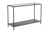 Vaughn glass and black iron console table, three-quarter view