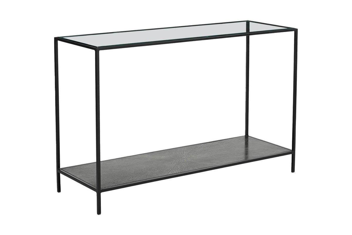 Vaughn glass and black iron console table, three-quarter view