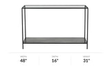 Vaughn glass and black iron console table, front view