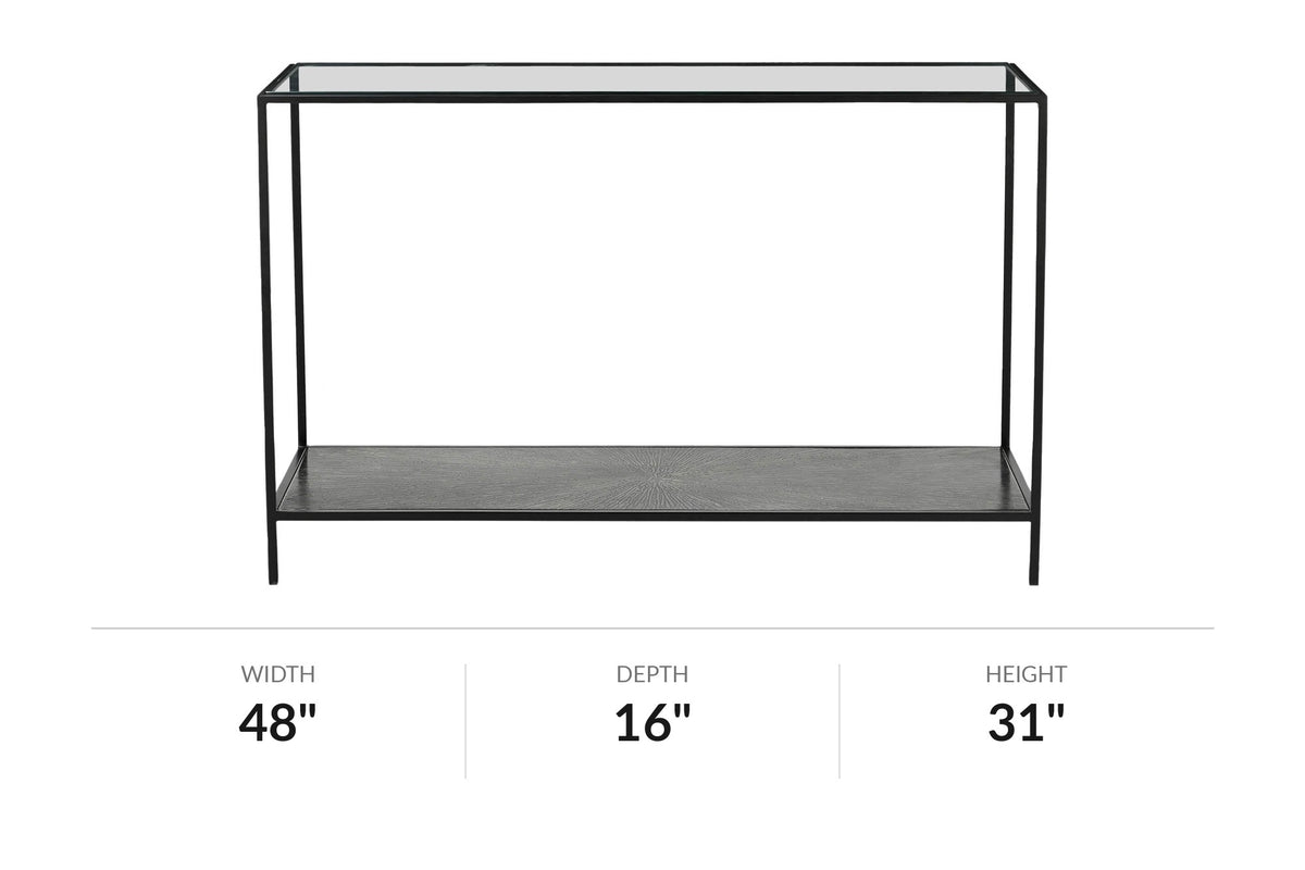Vaughn glass and black iron console table, front view