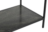 Vaughn console table lower shelf corner with slim black iron legs