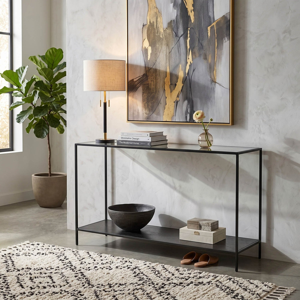 Vaughn Glass and Black Iron Console Table