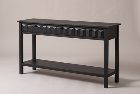 Velletri 3-drawer console table in black, three-quarter view on a warm grey studio backdrop