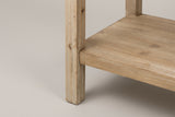 Close-up of a square fir leg and the thick lower shelf meeting it