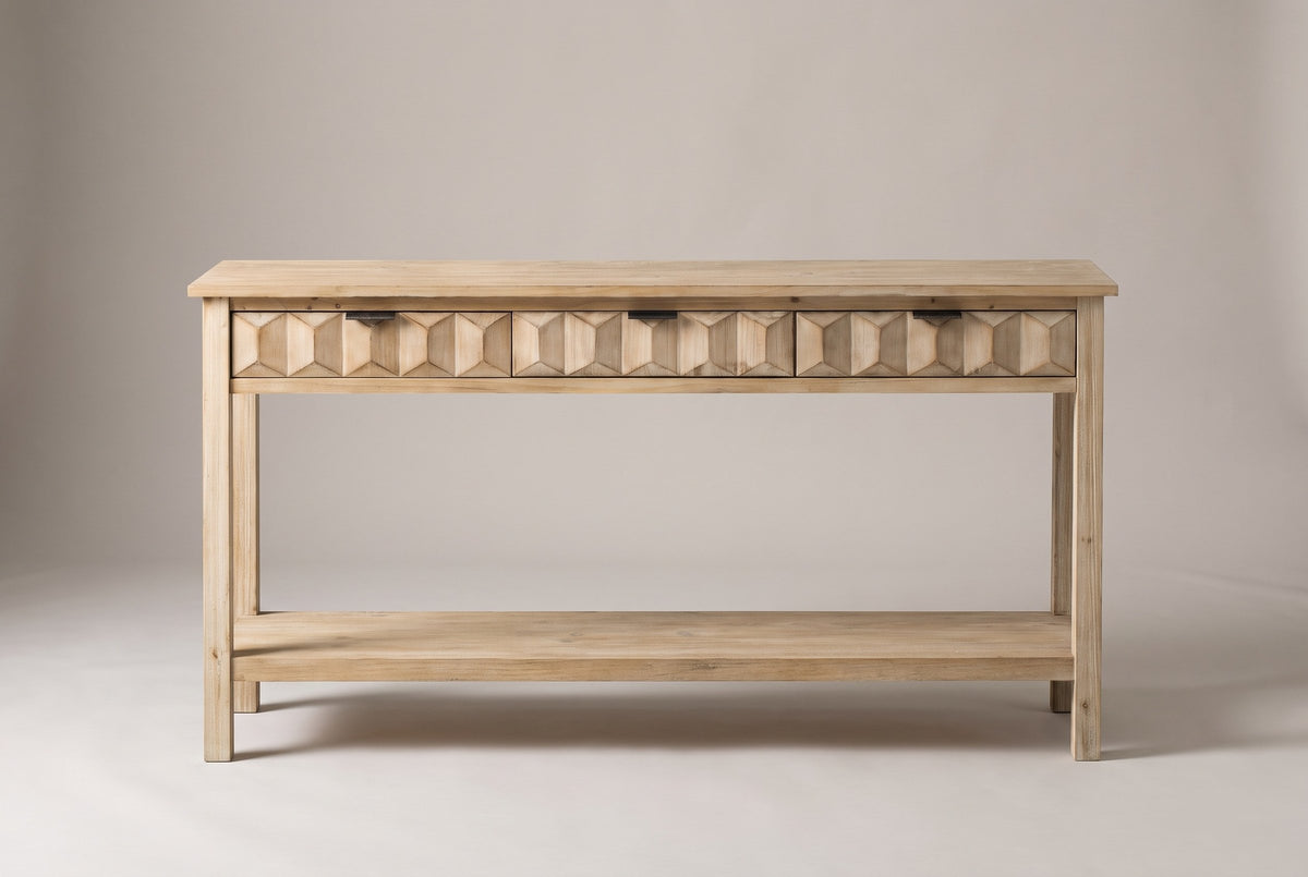 Velletri console table in natural fir, straight front view: three honeycomb drawers with iron pulls