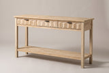 Velletri 3-drawer console table in natural fir, three-quarter view on a warm grey studio backdrop