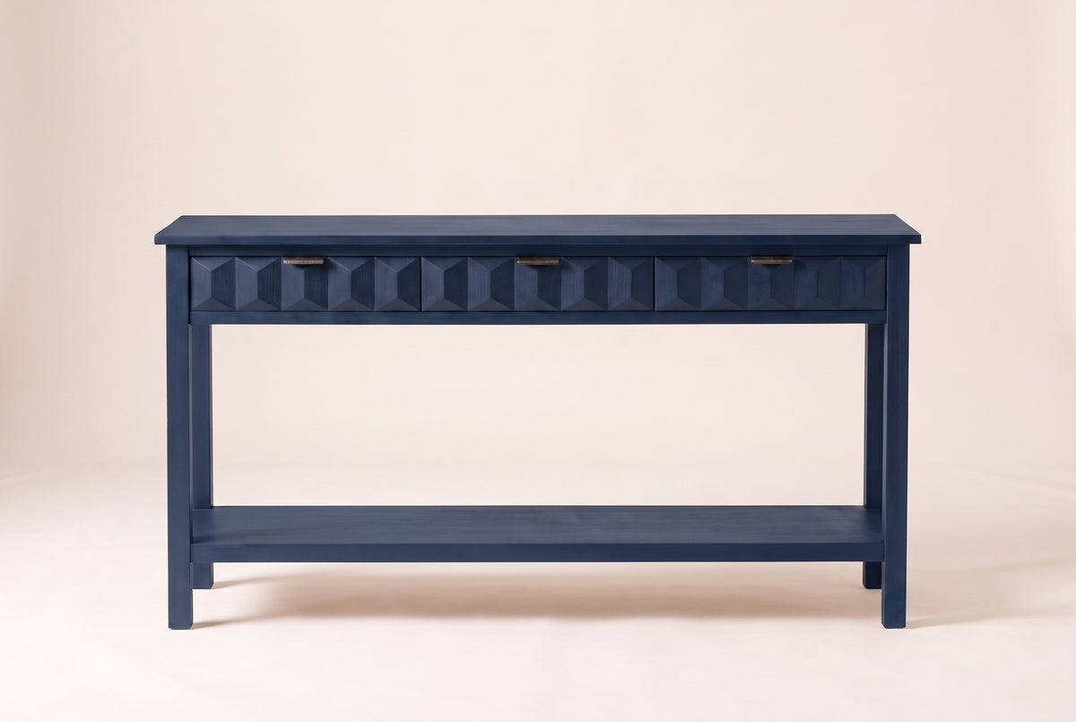 Velletri console table in navy blue, straight front view: three honeycomb drawers with iron pulls