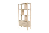 Vesper light oak open-back bookcase with two drawers, three-quarter view