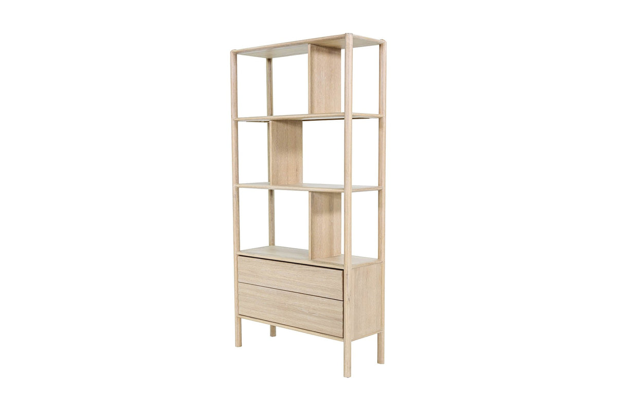 Vesper light oak open-back bookcase with two drawers, three-quarter view