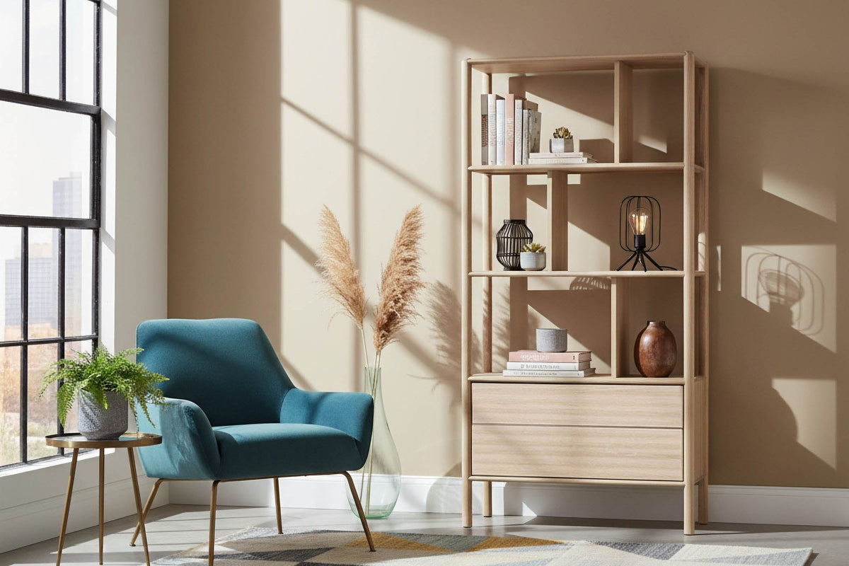 Vesper bookcase styled with books and decor beside a teal armchair in a sunlit room