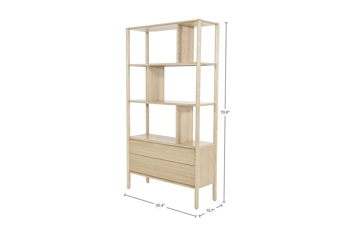 Vesper bookcase dimensions: 35.4 in wide, 13.7 in deep, 70.9 in high