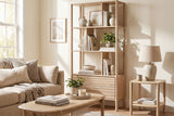 Vesper bookcase in a neutral living room with a sofa, coffee table and side table