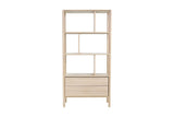 Vesper bookcase, front view with staggered shelf dividers