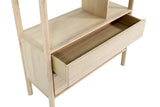 Open Vesper drawer below the lowest shelf in light oak
