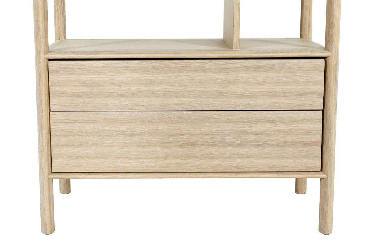 Close-up of Vesper's two hardware-free drawers and slim legs