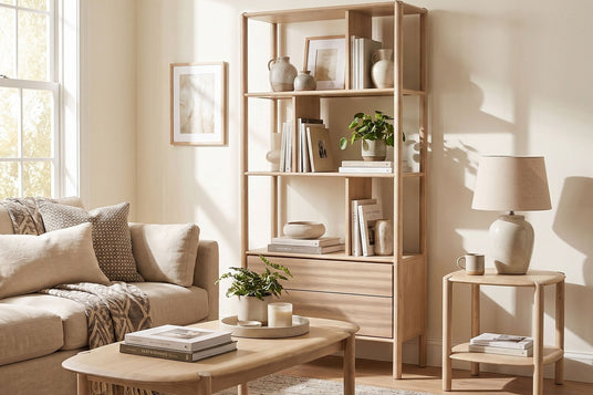 Vesper Light Oak Open-Back Bookcase with Drawers - Display Above, Storage Below