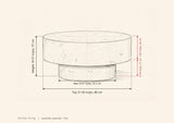 Vieste coffee table dimensions: top 31.50 in across, base 20.67 in across, 14.57 in high, top drum 7.87 in deep, base 6.70 in tall