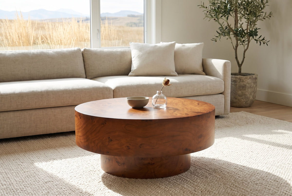 Vieste coffee table in front of an oatmeal linen sofa in a bright Calgary foothills living room