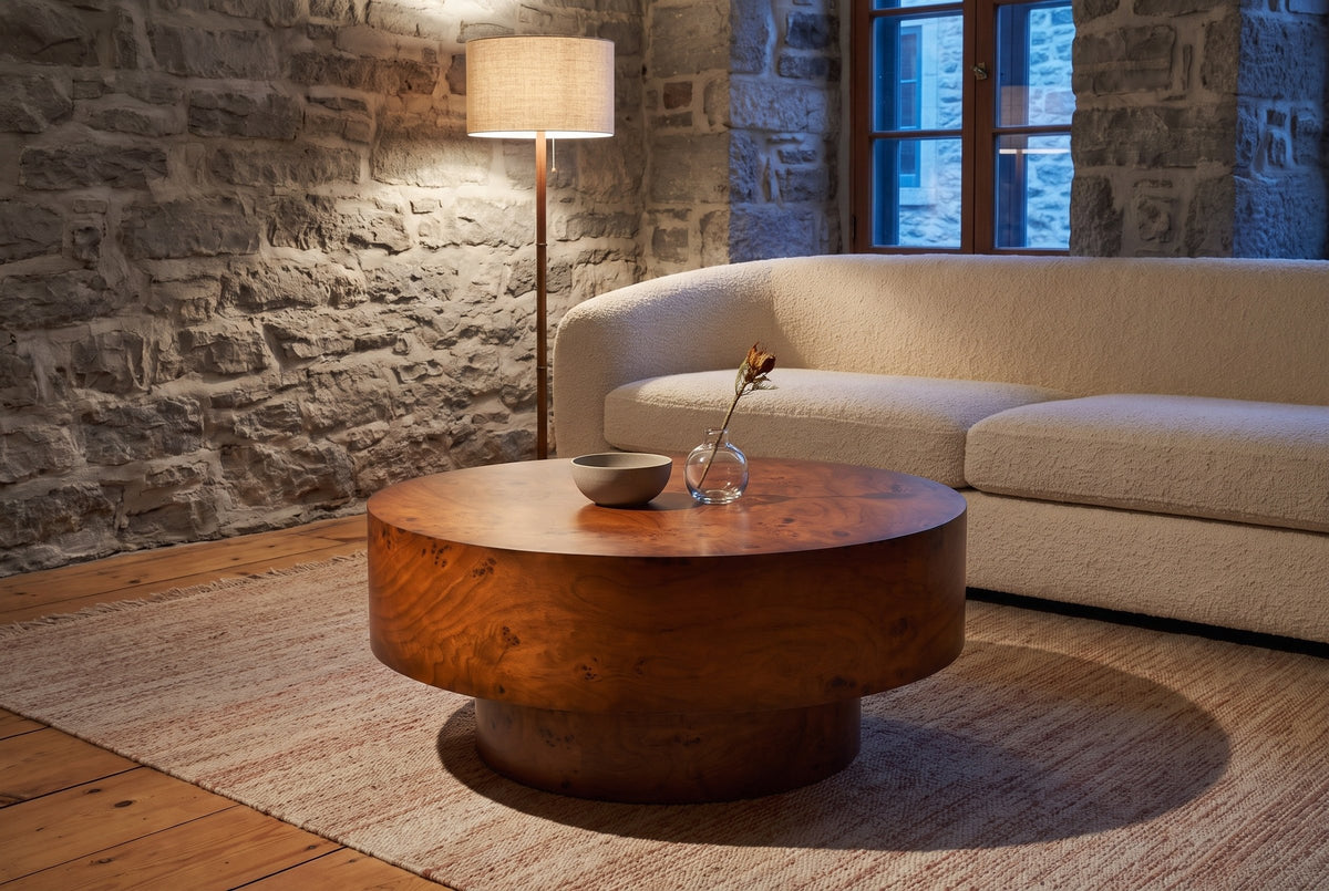 Vieste coffee table before a cream boucle sofa in a Quebec City stone living room at dusk