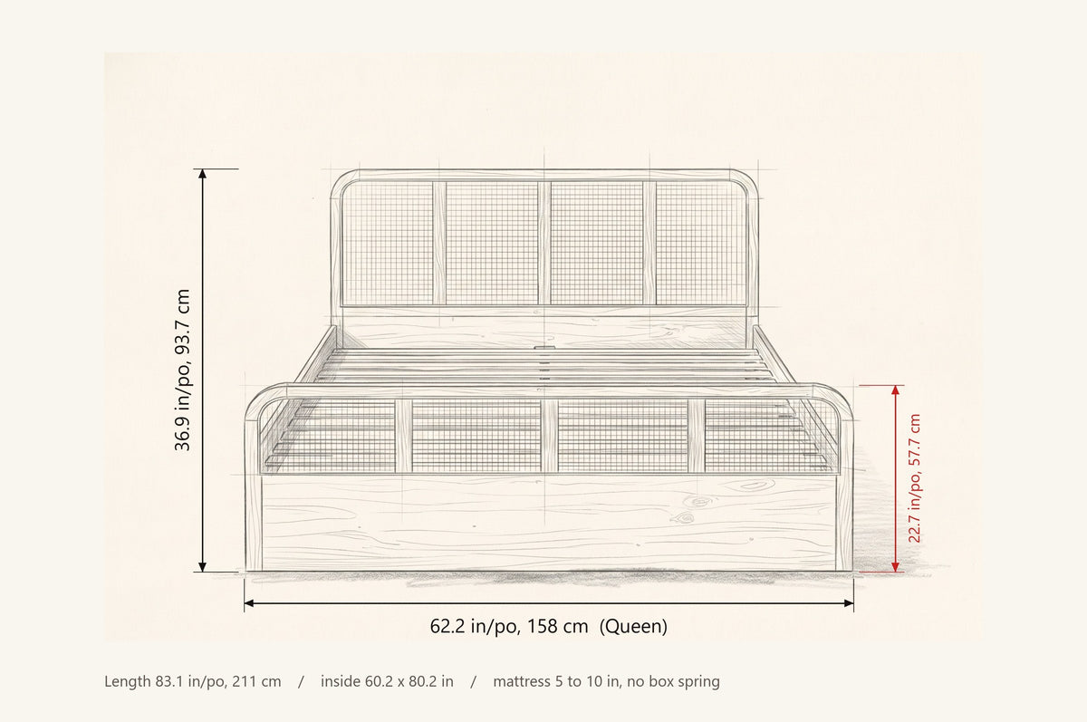 Vinci bed dimensions: Queen 62.2 in wide, 36.9 in high, footboard 22.7 in high, 83.1 in long