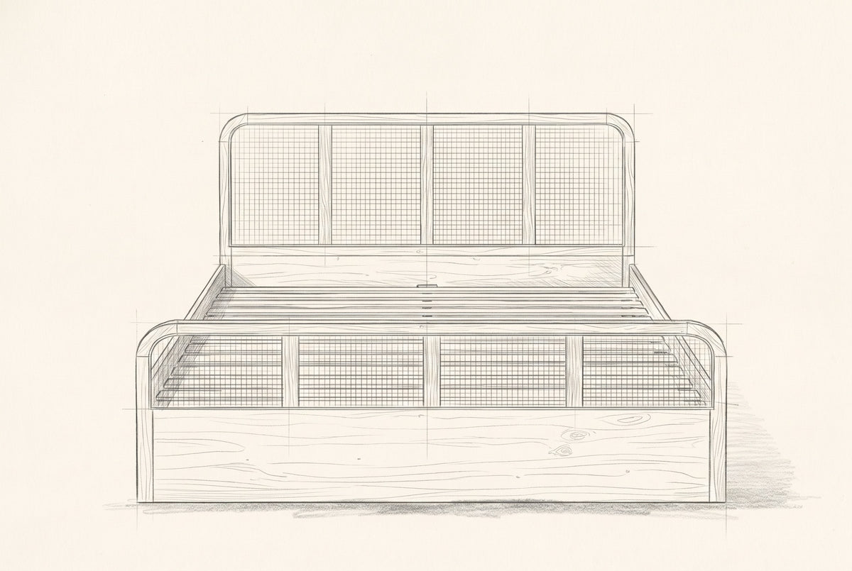 Pencil drawing of the Vinci cane bed traced from the front view
