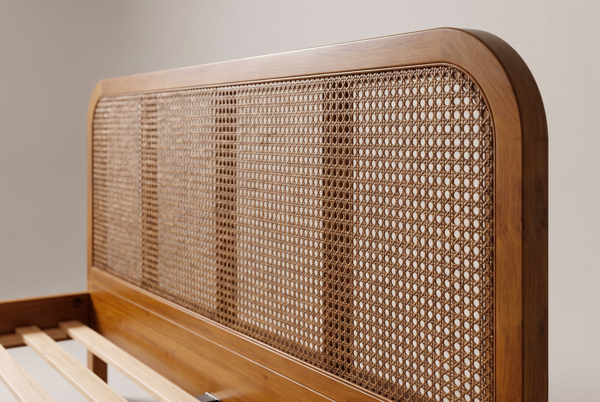 Close-up of the Vinci headboard: the open woven panel, the slim wood uprights behind it and the rounded top corner