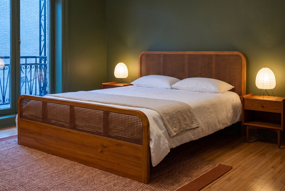 Vinci bed against an olive-green wall at dusk, with two paper lamps lit on wood nightstands and a rust and cream rug