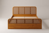 Vinci bed in walnut, straight front view: four woven panels in the rounded headboard