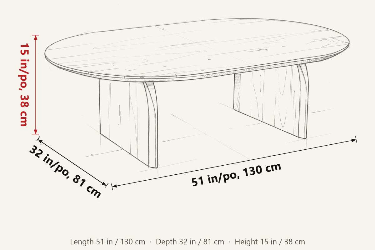 Visso dimensions on a pencil sketch of the table: 51 in long, 32 in deep, 15 in high