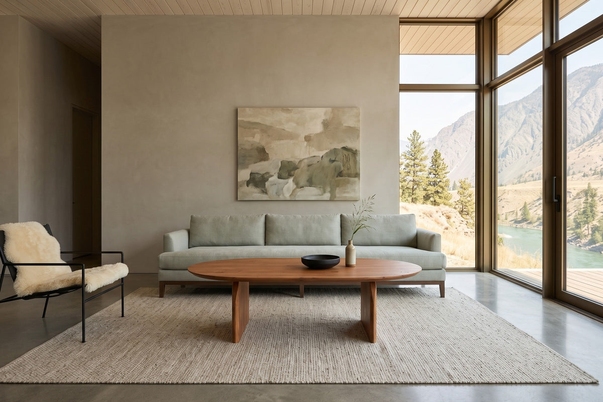 Visso coffee table in Pecan in a Lillooet canyon house, with greige limewash