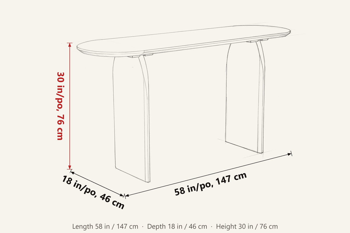 Visso console table dimensions on a pencil sketch: 58 in long, 18 in deep, 30 in high
