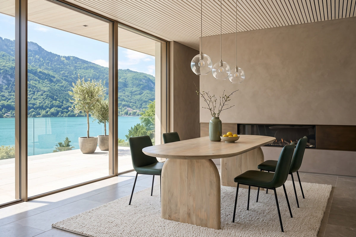 End three-quarter view of the Visso dining table in Natural in a lakeside villa with a taupe plaster wall and dark green chai