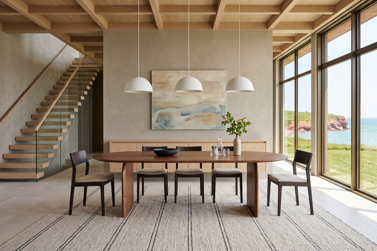 Visso dining table in Pecan in a Magdalen Islands house: greige plaster wall