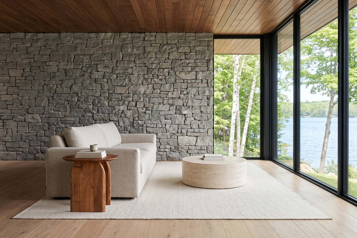 End view of the Visso side table in Pecan at the arm of an oatmeal sofa in a Huntsville lake house