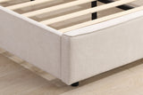 Close-up of the upholstered foot corner of the Viterbo bed with its flange seam, the slats and a short black foot