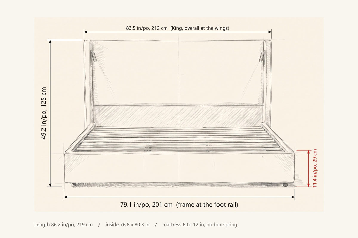 Viterbo bed dimensions: King 83.5 in wide at the wings, frame 79.1 in wide, 49.2 in high, rails 11.4 in high, 86.2 in long
