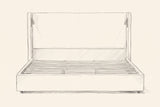Pencil drawing of the Viterbo shelter bed traced from the front view, with both reading lamps