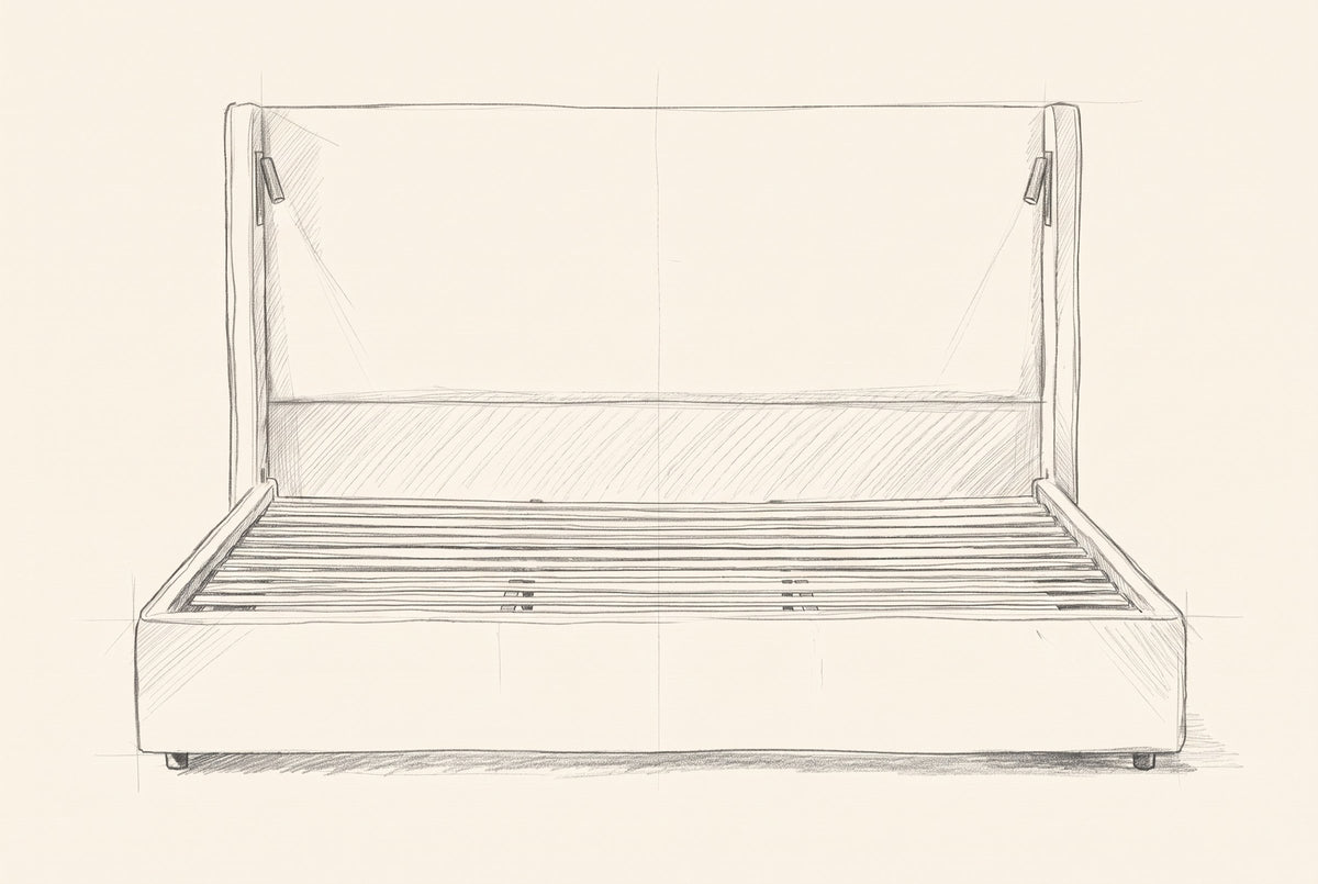 Pencil drawing of the Viterbo shelter bed traced from the front view, with both reading lamps
