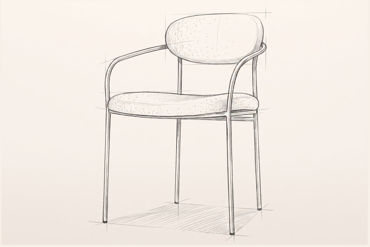 Pencil sketch of the Vitorchiano arm dining chair, three-quarter view