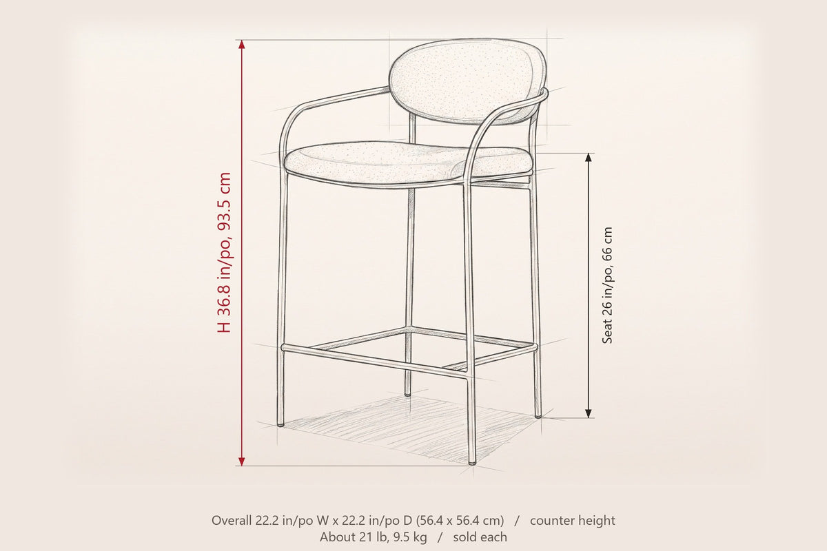 Vitorchiano counter stool dimensions: 36.8 in high, seat height 26 in, 22.2 in wide and 22.2 in deep