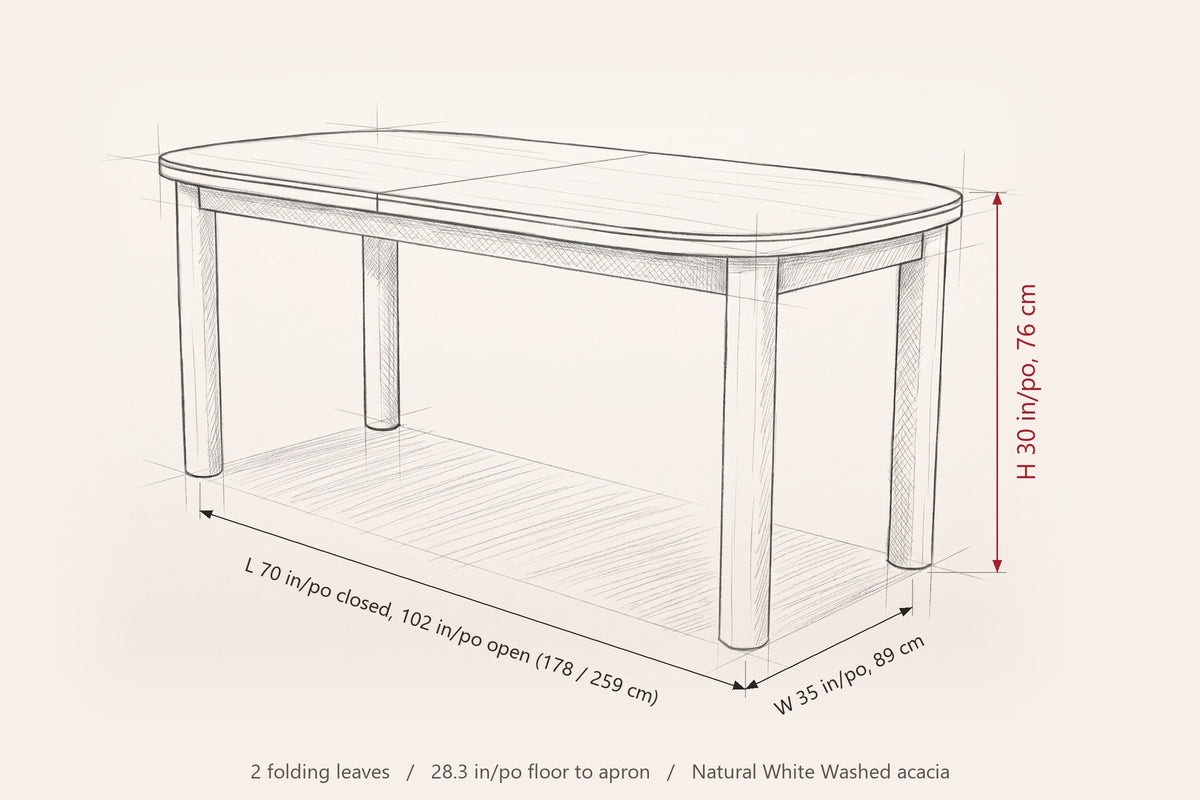 Vitorchiano dining table dimensions: 70 in long closed, 102 in open, 35 in wide, 30 in high