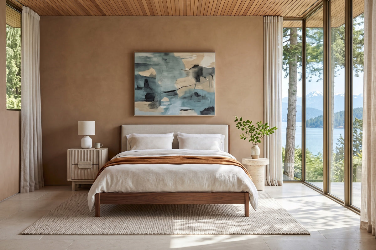 Vitorchiano nightstand in Natural White Wash at the left of the bed in a Whytecliff bedroom in West Vancouver