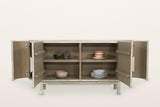 Vitorchiano sideboard with all four doors open: two centre cabinets with one shelf each and a curved corner cupboard at each end