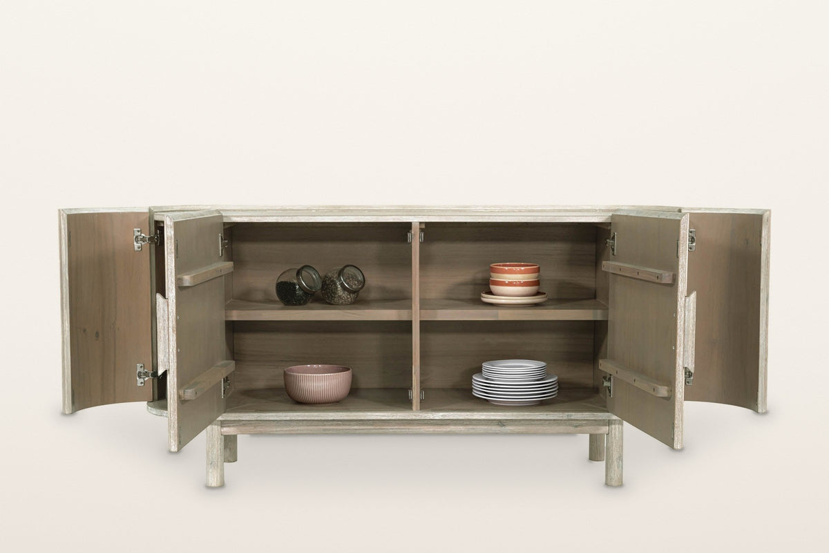 Vitorchiano sideboard with all four doors open: two centre cabinets with one shelf each and a curved corner cupboard at each end